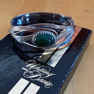 Whiting & Davis Silvertone hinged Bracelet with Green Stone